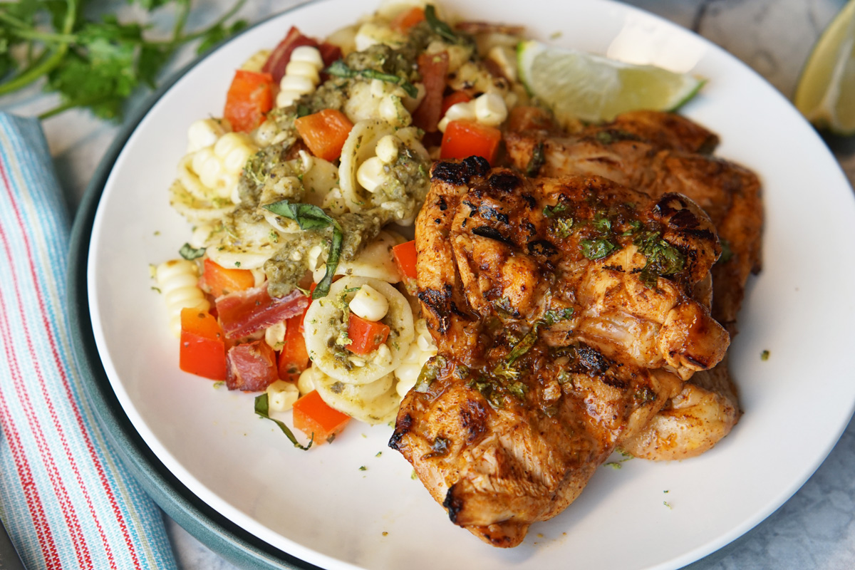 Cilantro lime chicken & pesto corn pasta salad