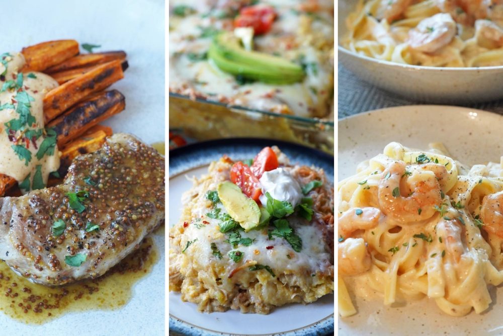 Maple mustard pork chops. enchilada casserole, and shrimp fettuccine