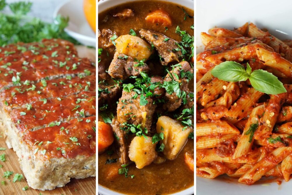 Turkey meatloaf, stew, and penne all'arrabbiata
