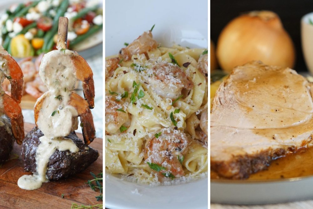 surf and turf, shrimp fettuccine, and pot roast
