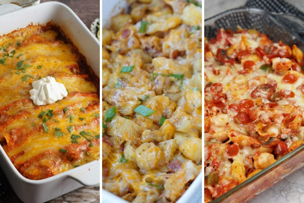 Enchiladas, potato casserole, and pizza casserole