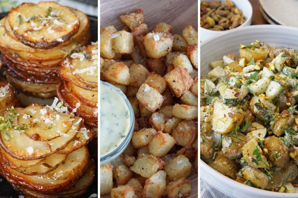 potato stacks, crispy roasted potatoes, and potato salad