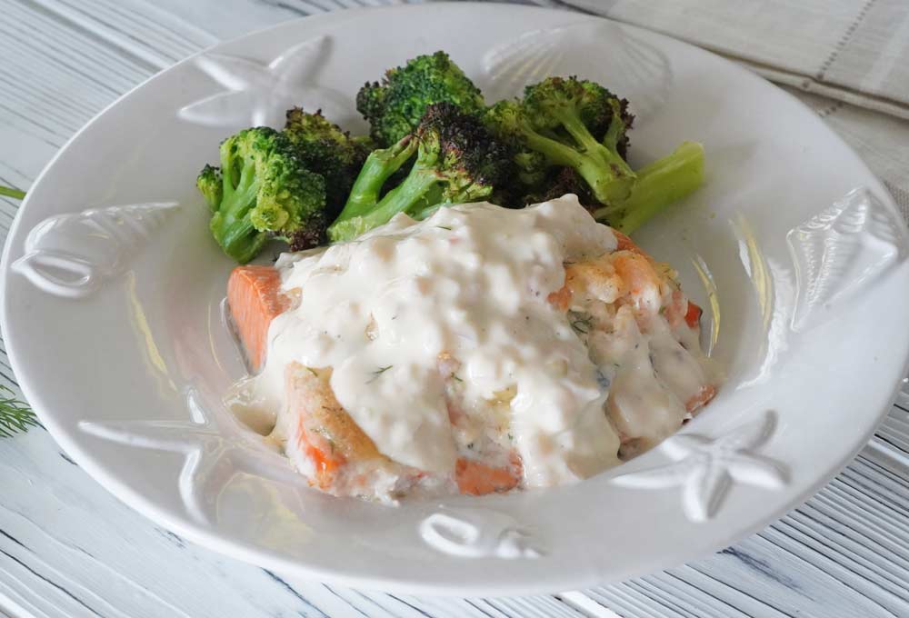 Crab and shrimp stuffed salmon