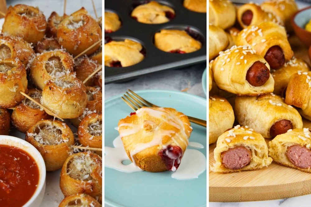 pigs in a blanket, cherry crescent roll bites, and garlic bread meatball bites