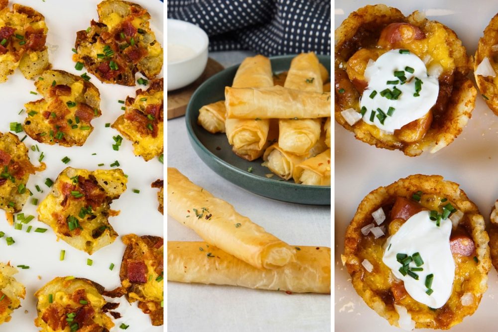 smashed potatoes, potato phyllo rolls, and chili tater tot cups