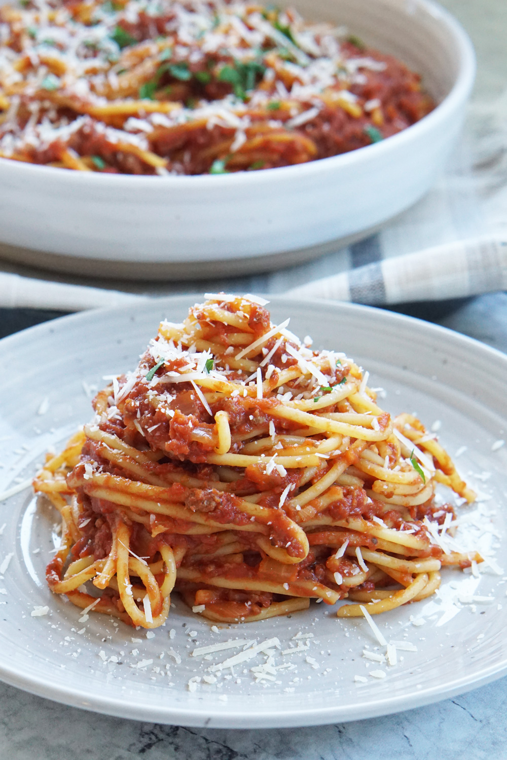 a pile of spaghetti on a plate.