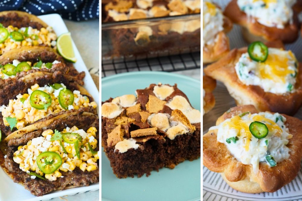 Elote smash burger tacos, s'more brownies, and jalapeno popper crescent bites