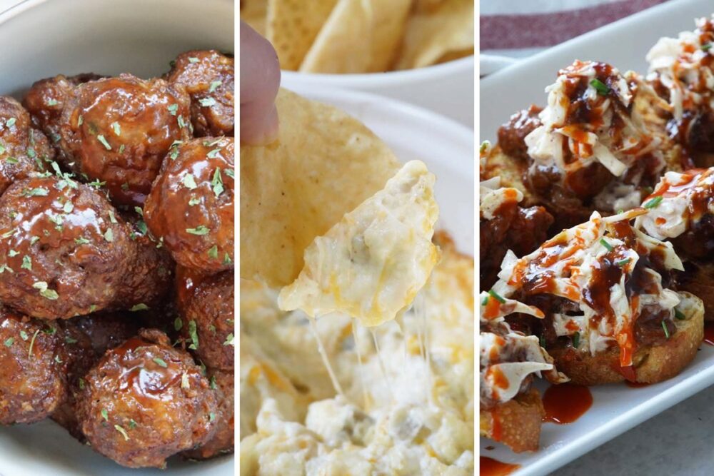 honey sriracha meatballs, green chili dip, and pulled pork crostini