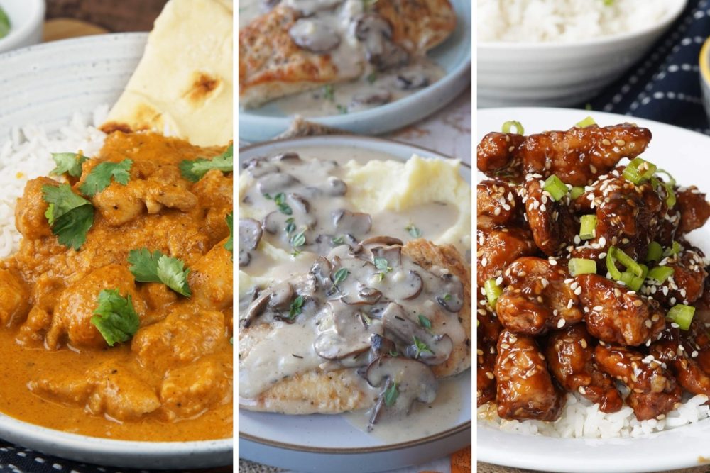 Butternut squash butter chicken, chicken in mushroom sauce, and sesame chicken