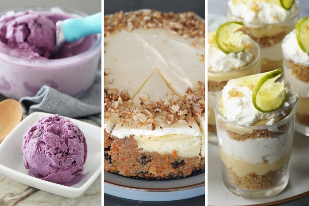 Blueberry ice cream, carrot cheesecake, key lime parfaits