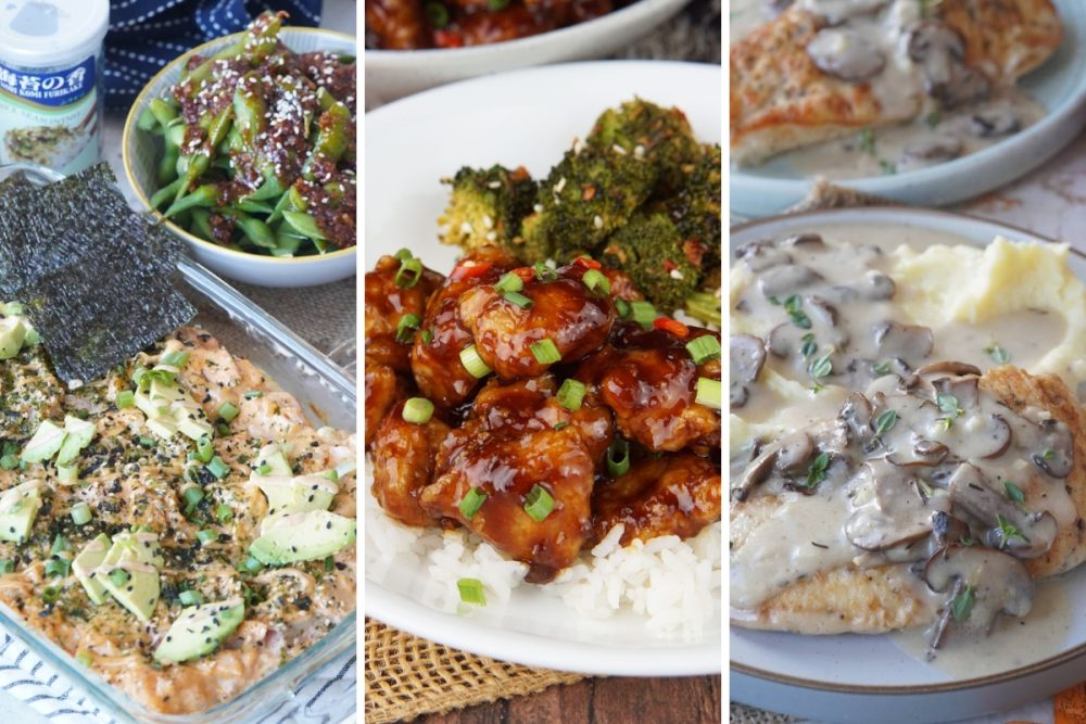 sushi bake, mongolian chicken, and creamy chicken and mashed potatoes