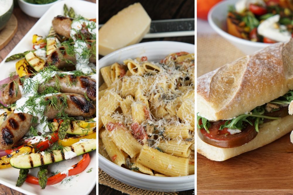 grilled brats, creamy rigatoni, and tomato sandwich