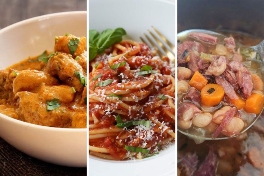 coconut curry, spaghetti pomodoro, and ham and bean soup