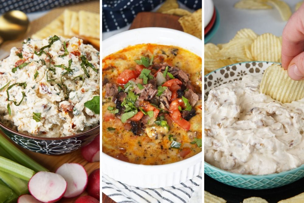 sun dried tomato dip, smoked brisket dip, and onion dip