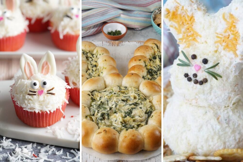 bunny cupcakes, spinach dip and cheeseball