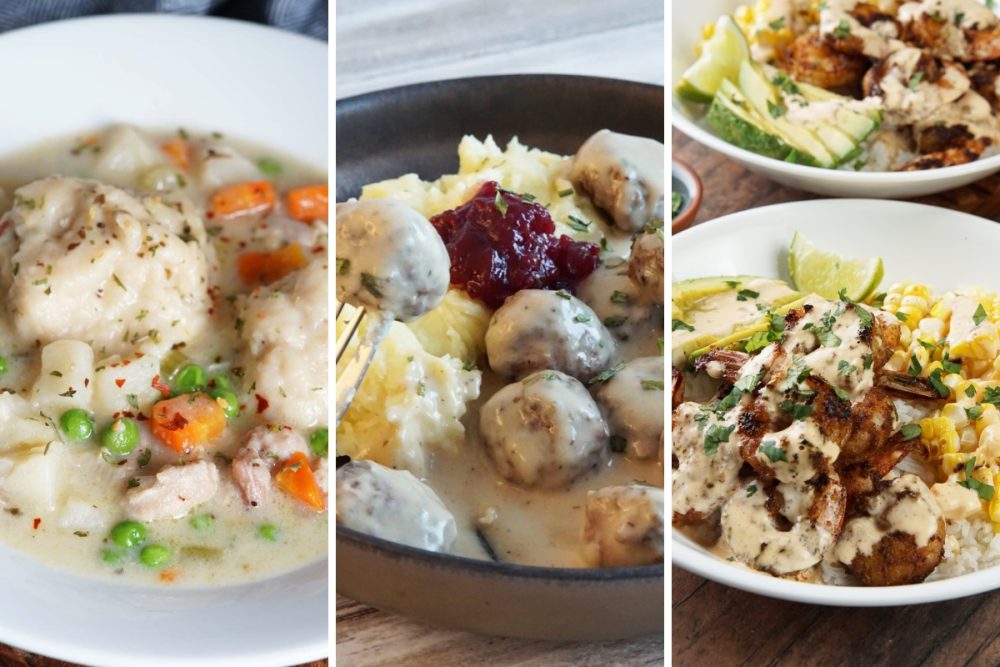 chicken and dumplings, swedish meatballs, and grilled shrimp bowls