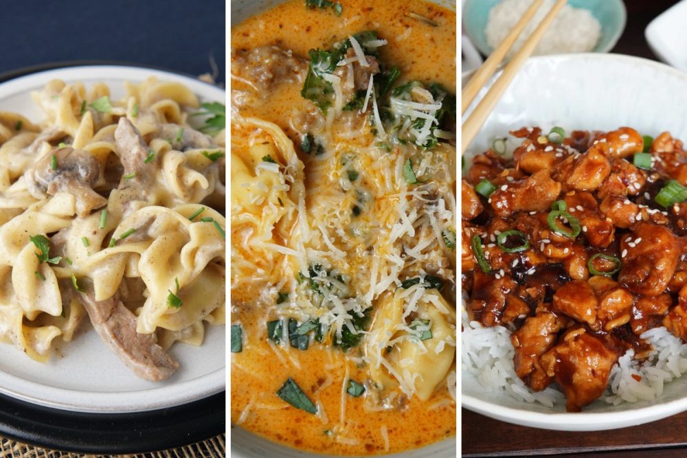 beef stroganoff, tortellini soup, and General Tso's chicken