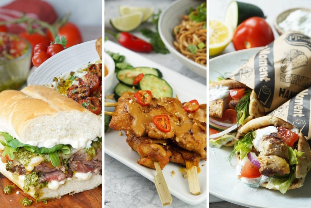 Steak sandwich, chicken satay, and chicken gyros