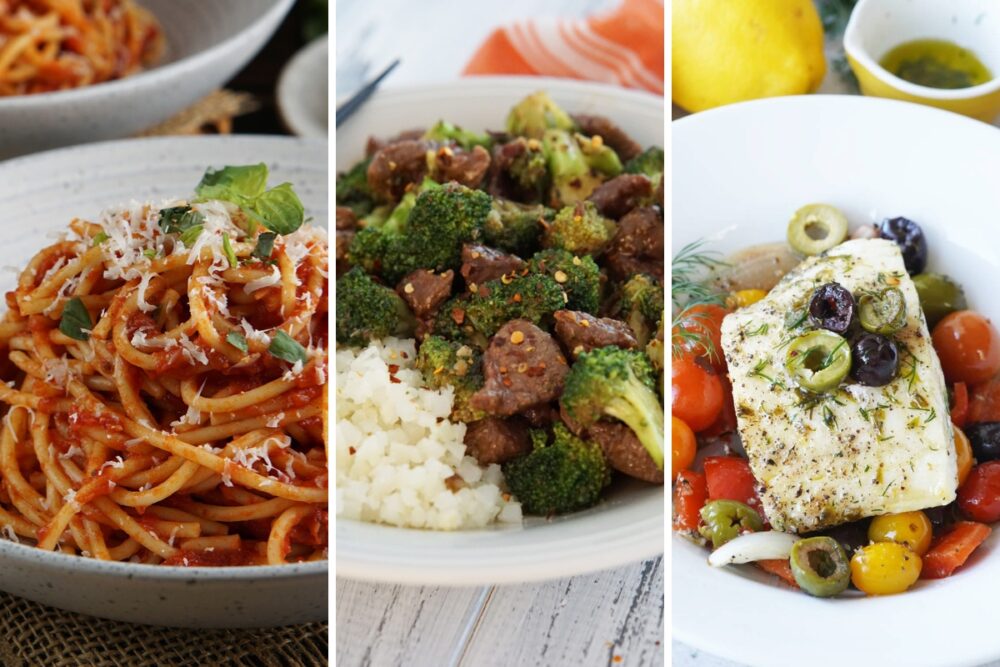 Spaghetti pomodoro, beef and broccoli, and Mediterranean cod