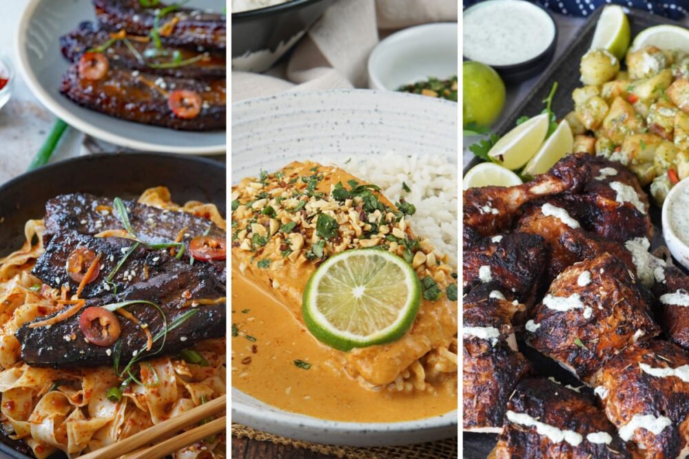 pork belly with garlic chili noodles, coconut curry salmon, and Peruvian chicken