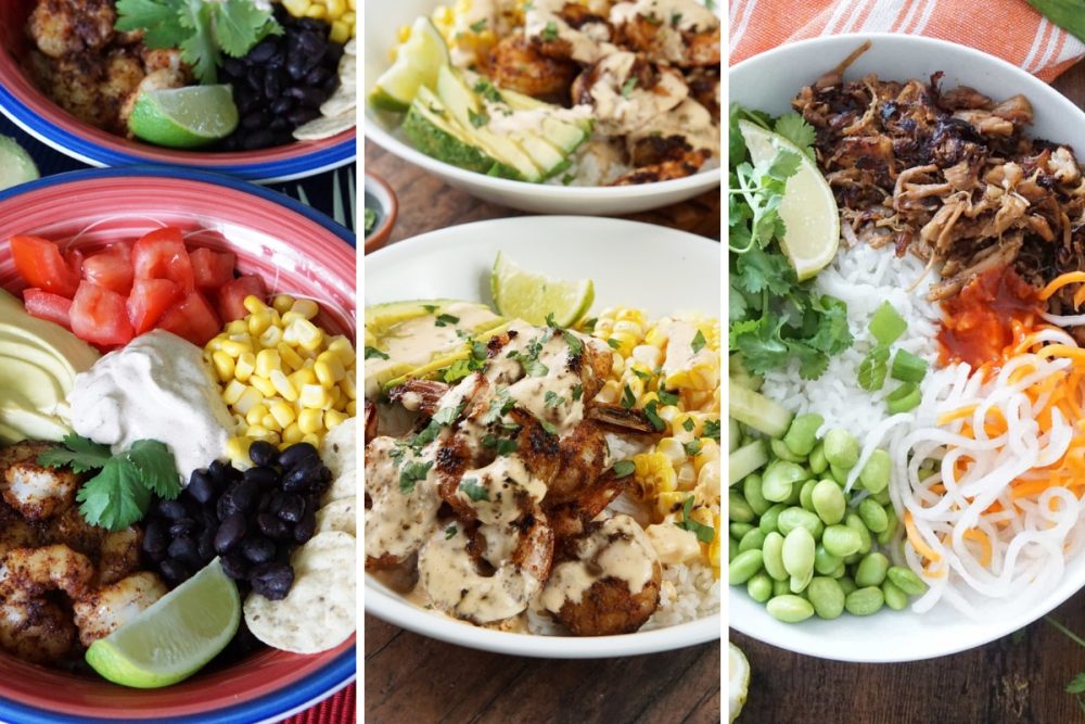 shrimp taco bowl, grilled shrimp bowl and Vietnamese pork bowl