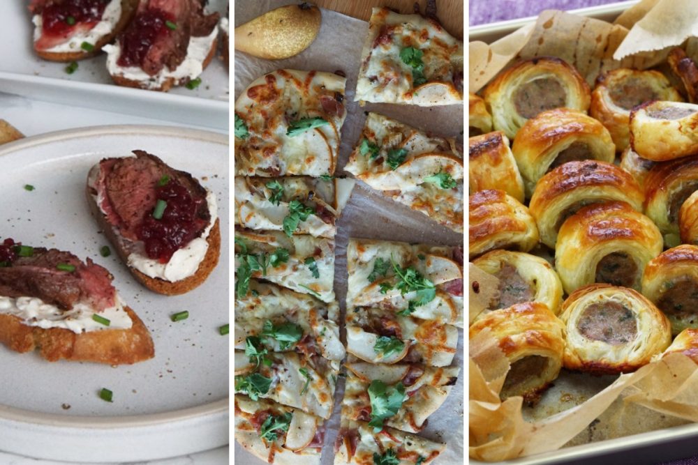 steak crostini, pear and prosciutto flatbread, and sausage rolls