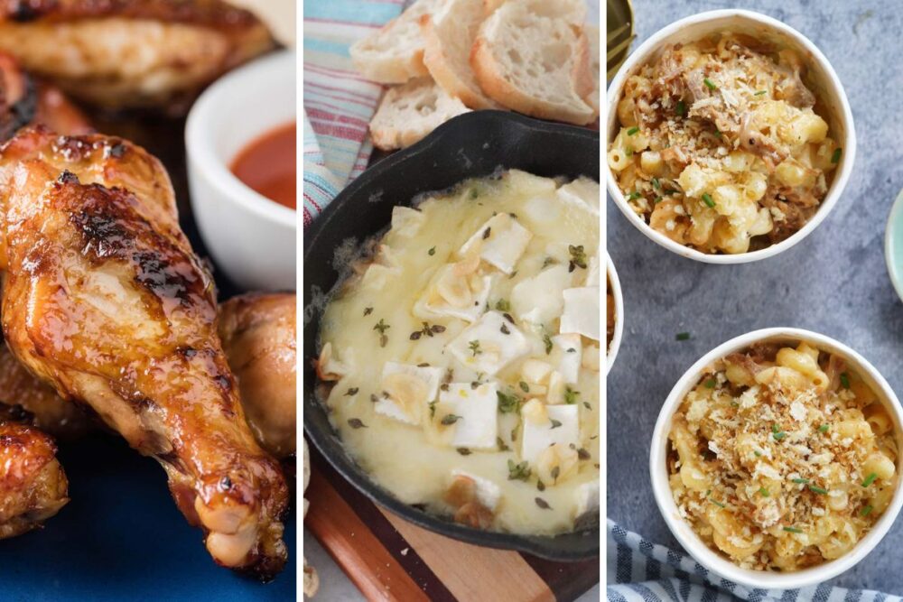 orange chicken wings, garlic butter brie, and pulled pork mac and cheese