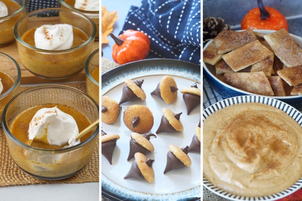 pumpkin pot de creme, chocolate acorns, and pumpkin pie dip