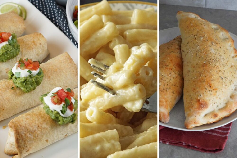 baked chimichangas, mac and cheese, and peperoni calzones