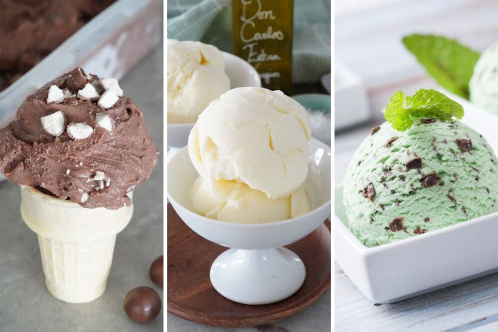 malted chocolate ice cream, olive oil ice cream, and mint chocolate chip