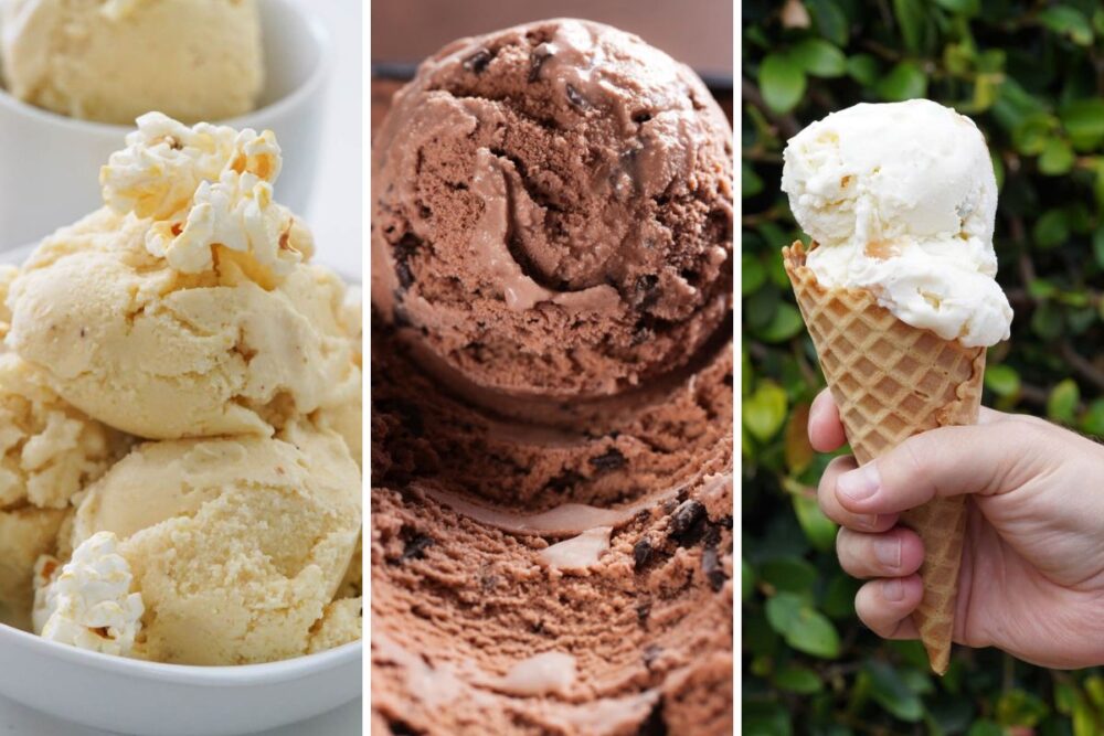 popcorn ice cream, chocolate chocolate chip ice cream and pear ice cream.