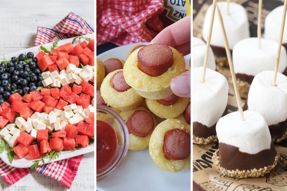4th of july fruit and cheese platter, corn dog bites, and smores on a stick