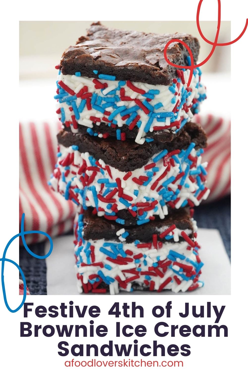 Brownie ice cream sandwich rolled in red, white, and blue sprinkles