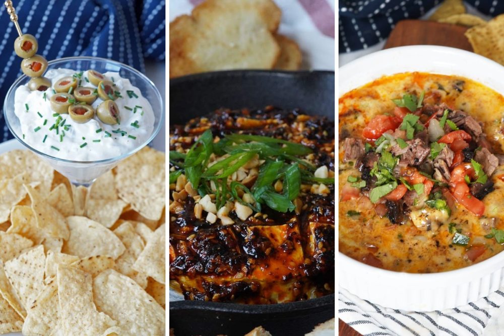 dirty martini dip, chili crunch brie, and brisket dip