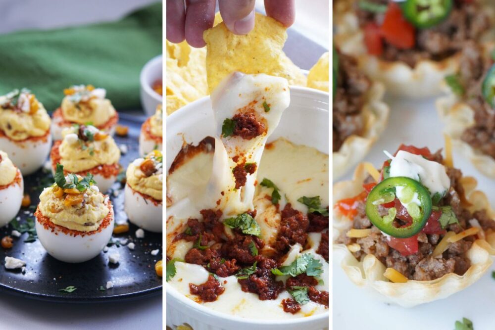 street corn deviled eggs, queso fundido, and taco cups