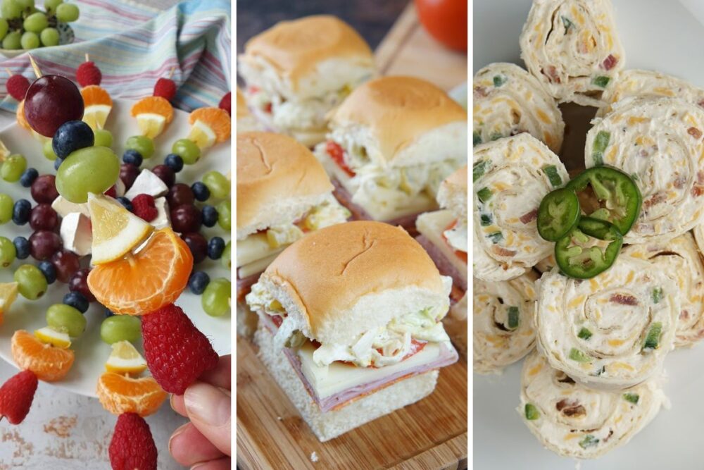 Rainbow fruit skewers, Italian grinder subs, and bacon jalapeno popper pinwheels