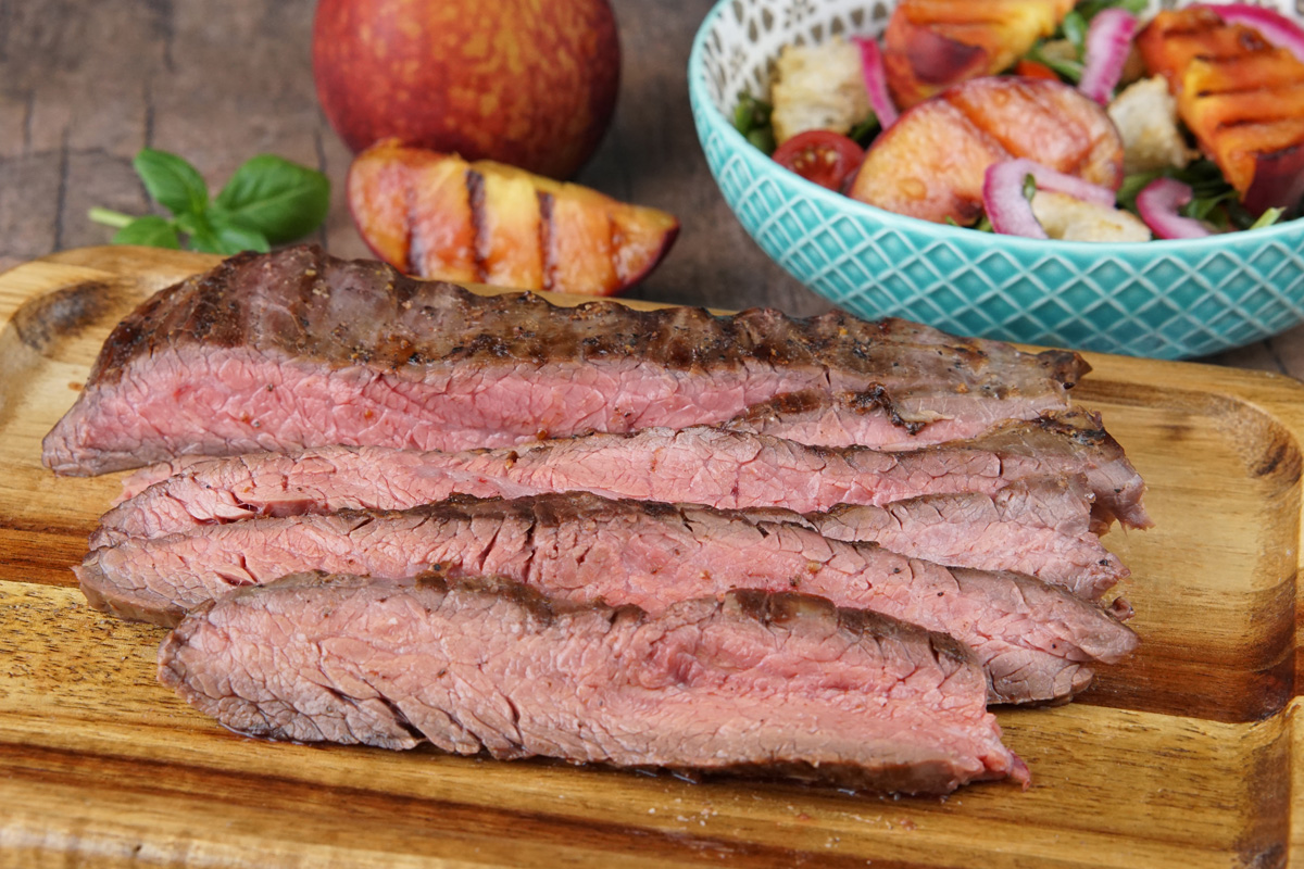 Flank steak with peach salad