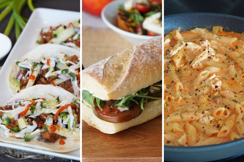 Teriyaki chicken tacos, tomato sandwiches, and buffalo chicken pasta
