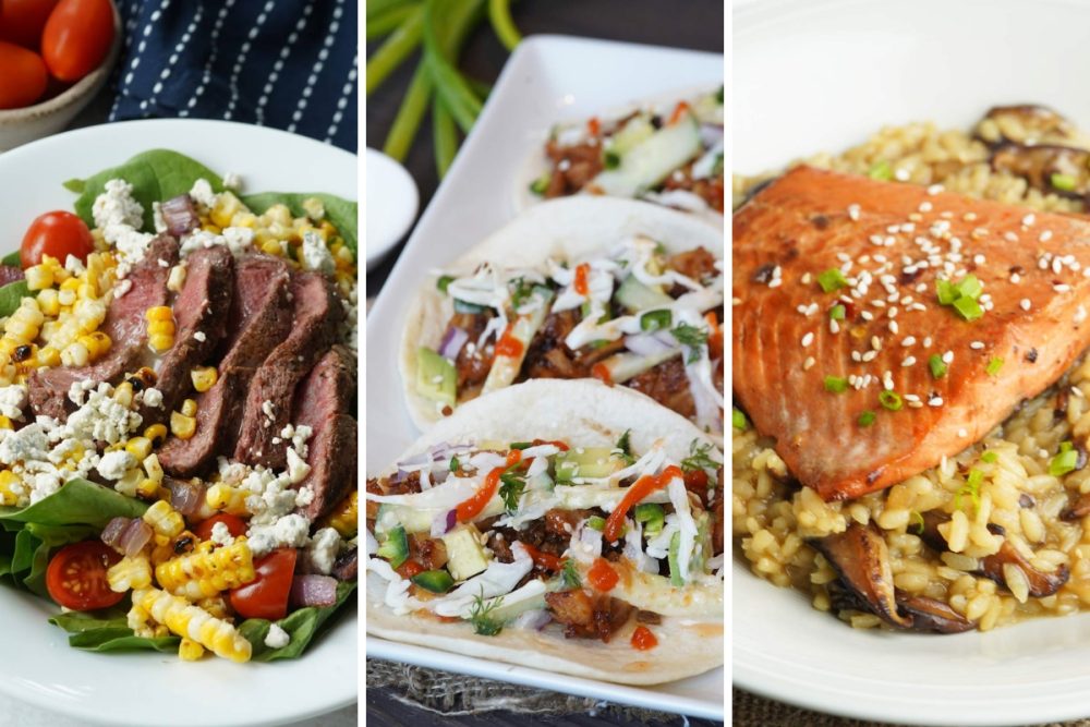 grilled steak salad, teriyaki chicken tacos and Japanese salmon