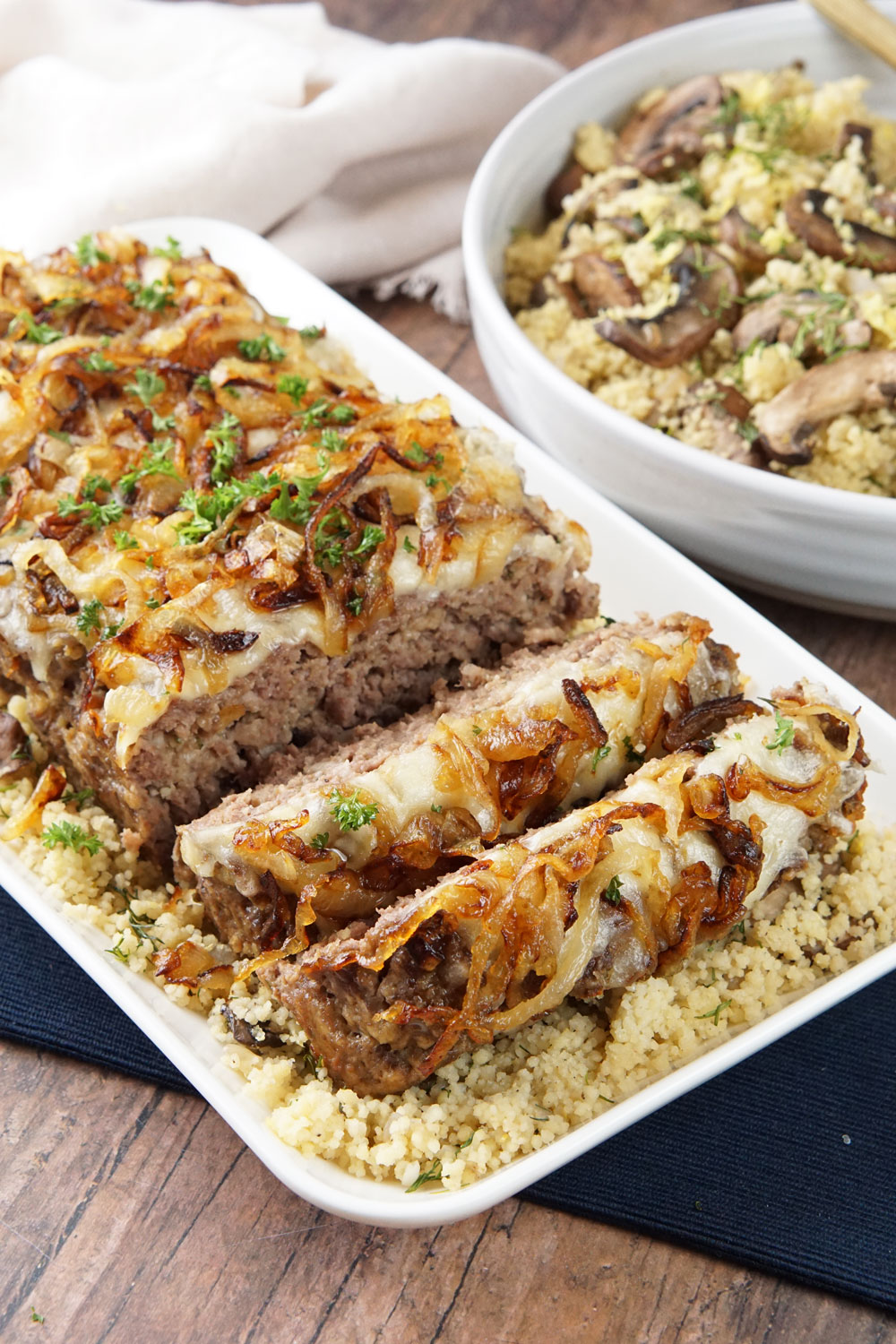 French onion meatloaf with Herb mushroom couscous