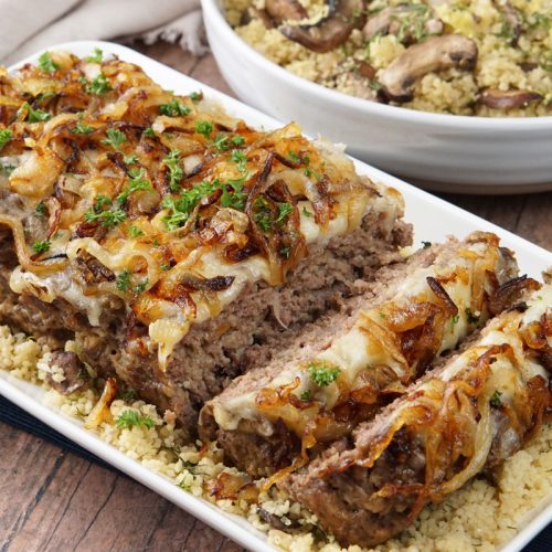 French onion meatloaf with Herb mushroom couscous