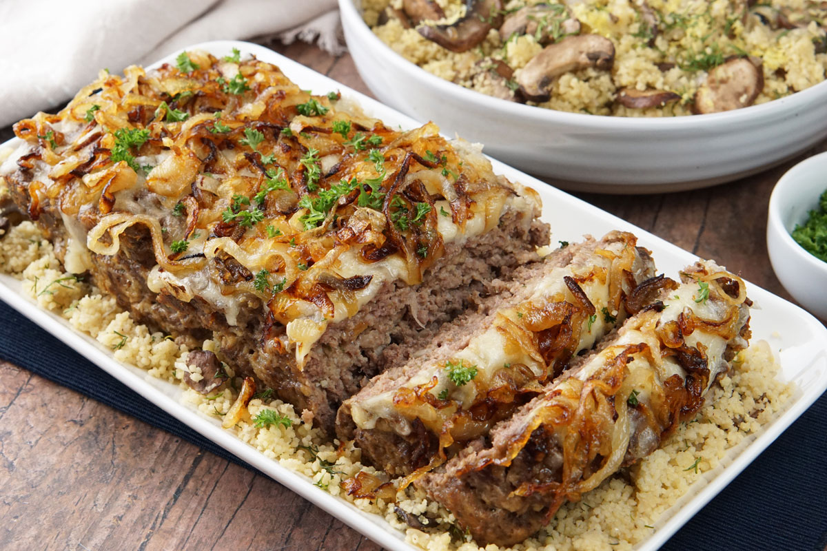 French onion meatloaf with Herb mushroom couscous