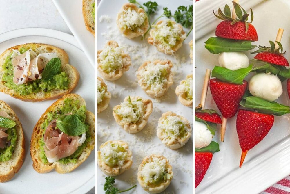 pea puree crostini, asparagus tartlets, and strawberry caprese skewers