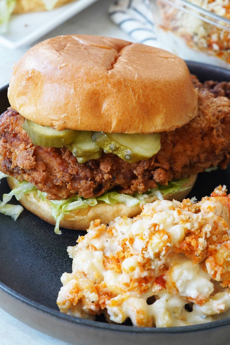 fried chicken sandwich with mac and cheese