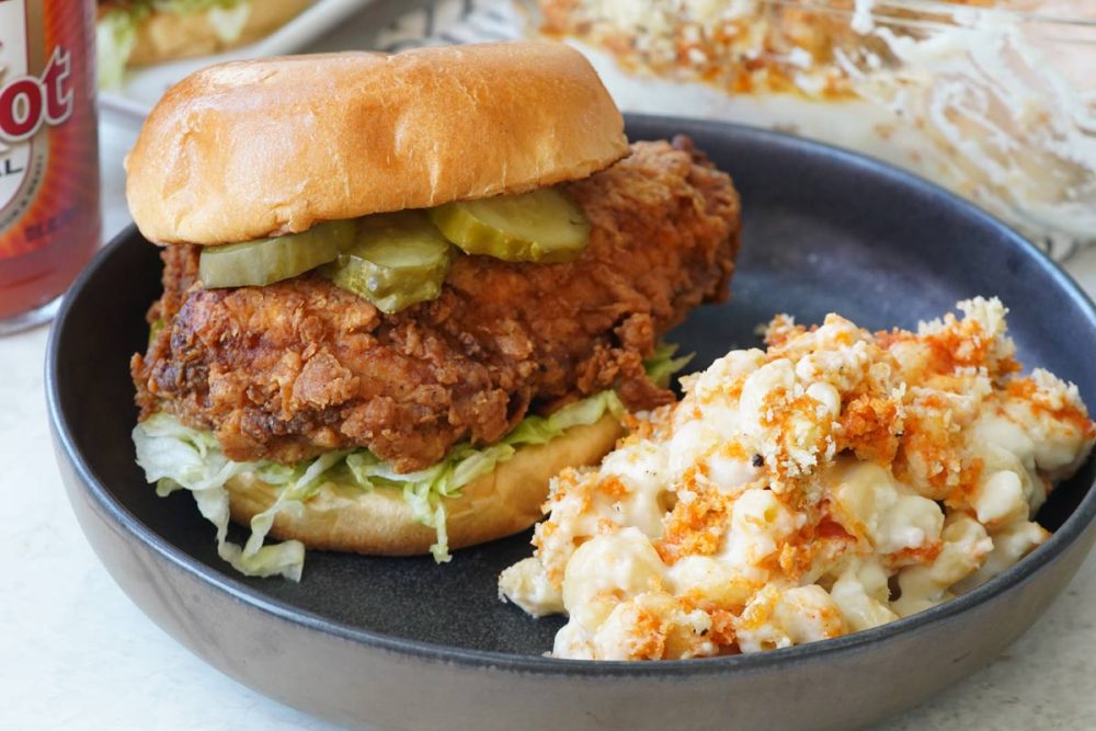 chicken sandwich and mac and cheese