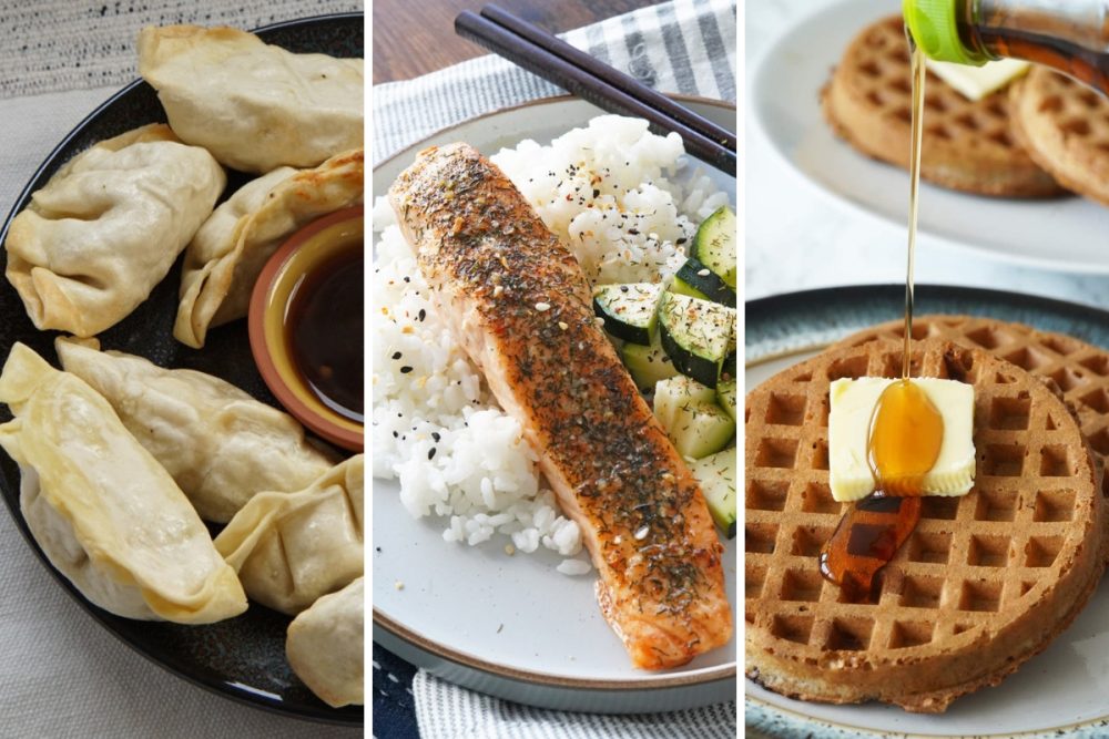 Frozen gyoza, salmon and waffles in the air fryer