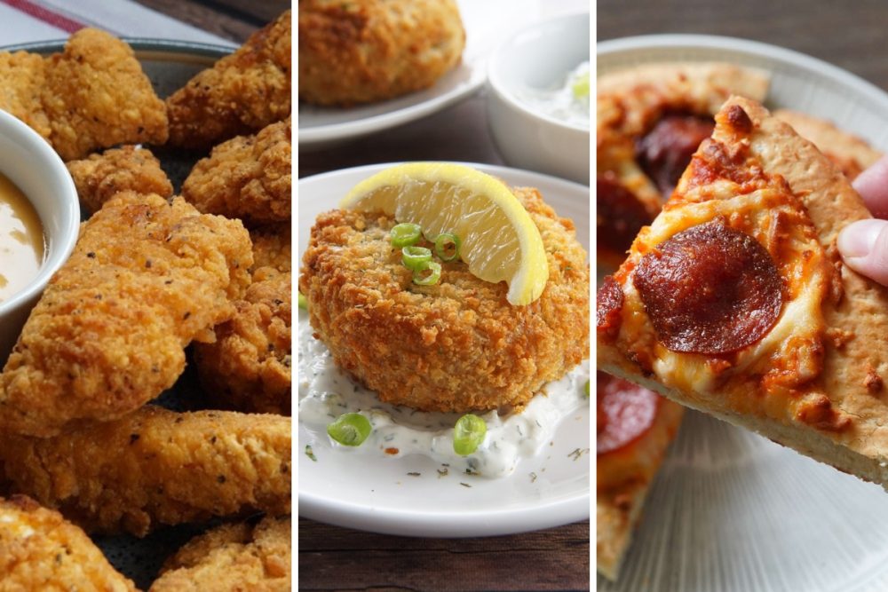 chicken tenders, crab cakes, and pizza