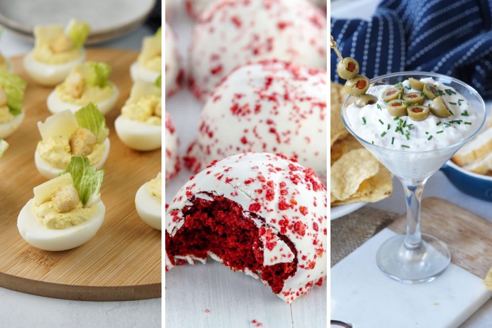 Caesar salad deviled eggs, red velvet truffles, and dirty martini dip
