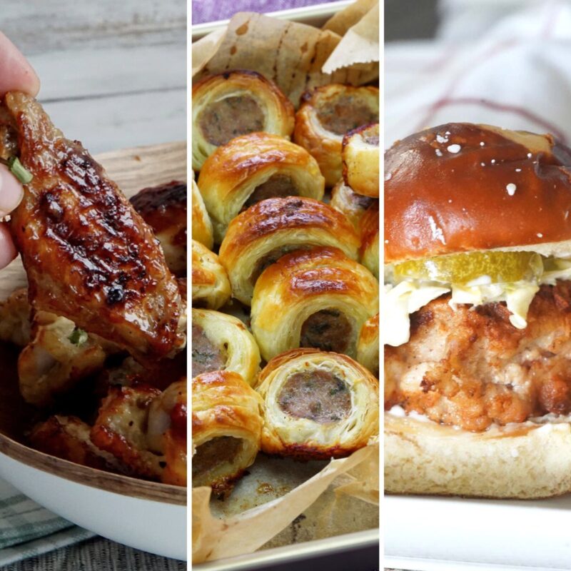 BBQ baked chicken wings, puff pastry sausage rolls, and fried chicken sliders