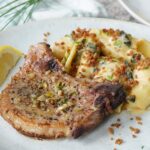 Garlic butter pork chops with creamy mac and cheese